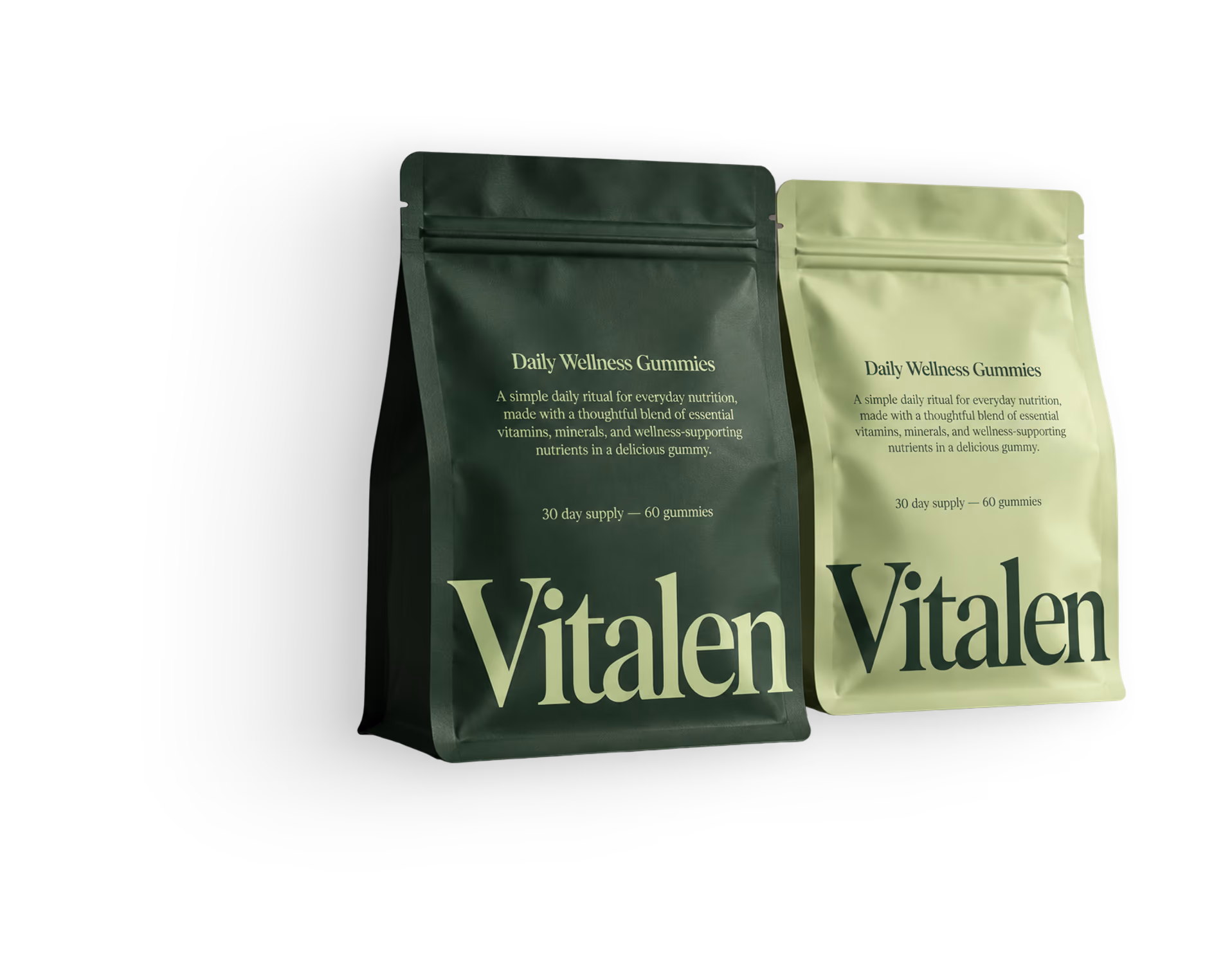 A dark green and a light green pouch of Vitalen Daily Wellness Gummies