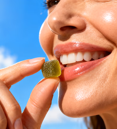 A smiling woman biting into a green gummy