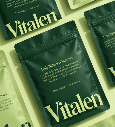 Rows of Vitalen pouches laid out on a light green surface