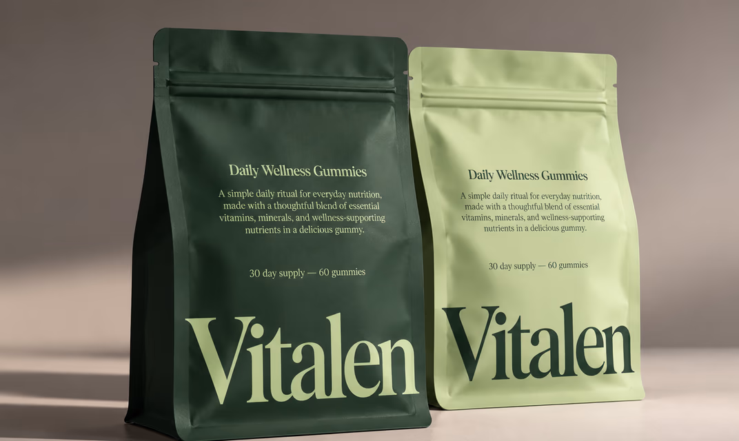 Two pouches of Vitalen Daily Wellness Gummies, one dark green and one light green