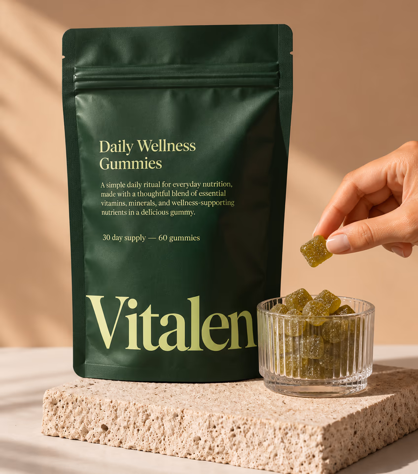 A hand taking a gummy from a glass beside a Vitalen pouch on a stone block